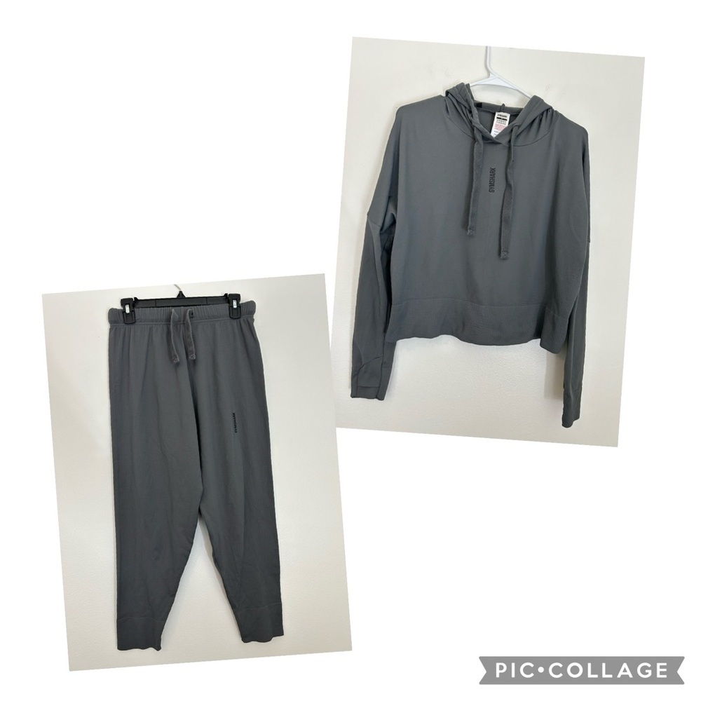 Gymshark Workout Set Gray Cropped Hoodie/Joggers/Pants Ribbed Drawstring Small